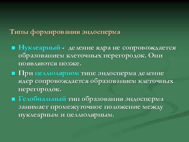 Формирующий вид. Типы эндосперма. Гелобиальный эндосперм. Основные типы развития эндосперма.. Нуклеарный Тип развития эндосперма.