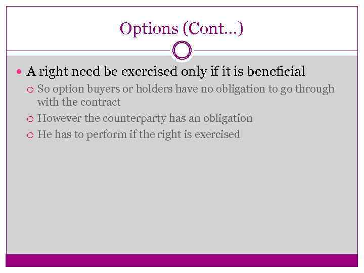 Options (Cont…) A right need be exercised only if it is beneficial So option