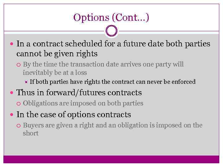 Options (Cont…) In a contract scheduled for a future date both parties cannot be