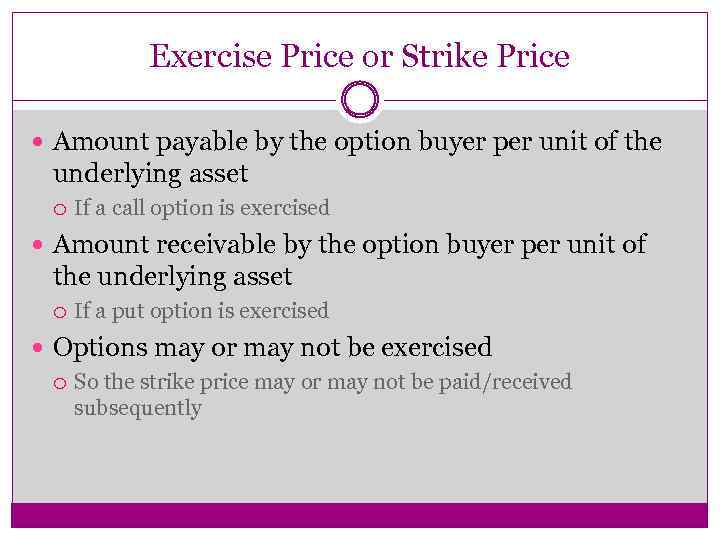 Exercise Price or Strike Price Amount payable by the option buyer per unit of