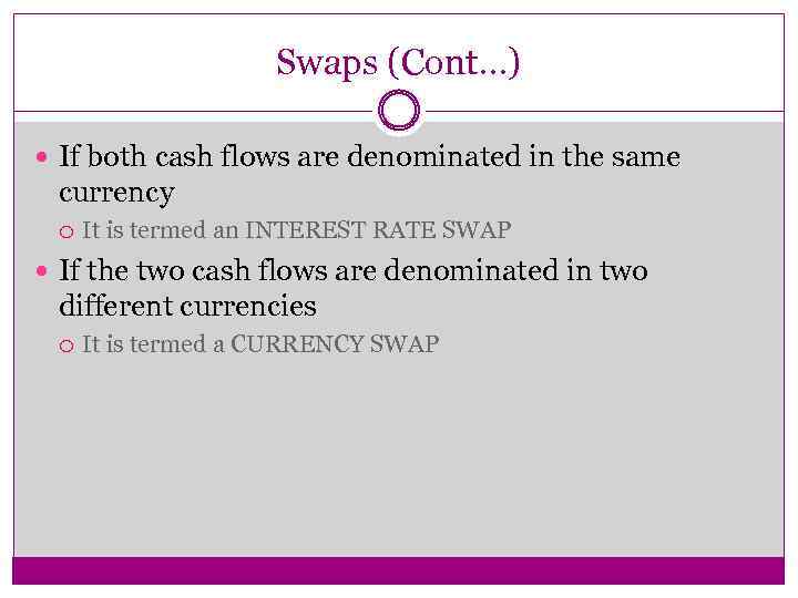 Swaps (Cont…) If both cash flows are denominated in the same currency It is