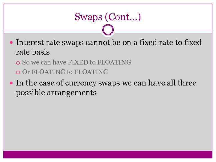 Swaps (Cont…) Interest rate swaps cannot be on a fixed rate to fixed rate