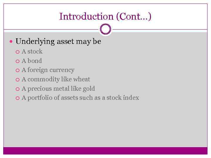 Introduction (Cont…) Underlying asset may be A stock A bond A foreign currency A