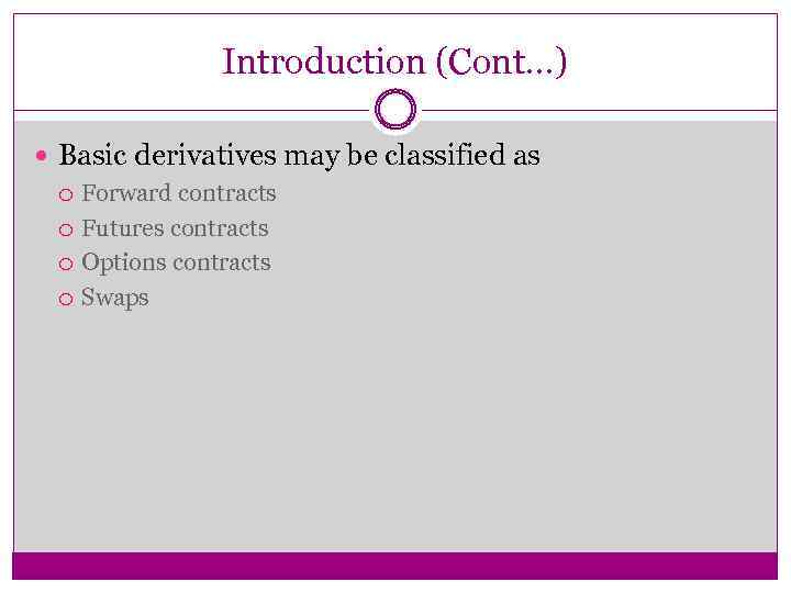 Introduction (Cont…) Basic derivatives may be classified as Forward contracts Futures contracts Options contracts
