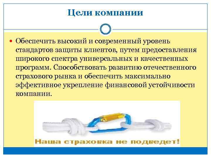 Цели компании Обеспечить высокий и современный уровень стандартов защиты клиентов, путем предоставления широкого спектра
