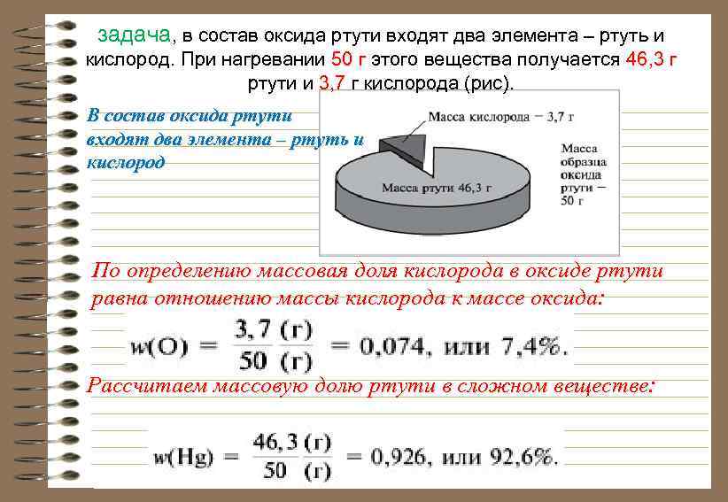 задача, в состав оксида ртути входят два элемента – ртуть и кислород. При нагревании