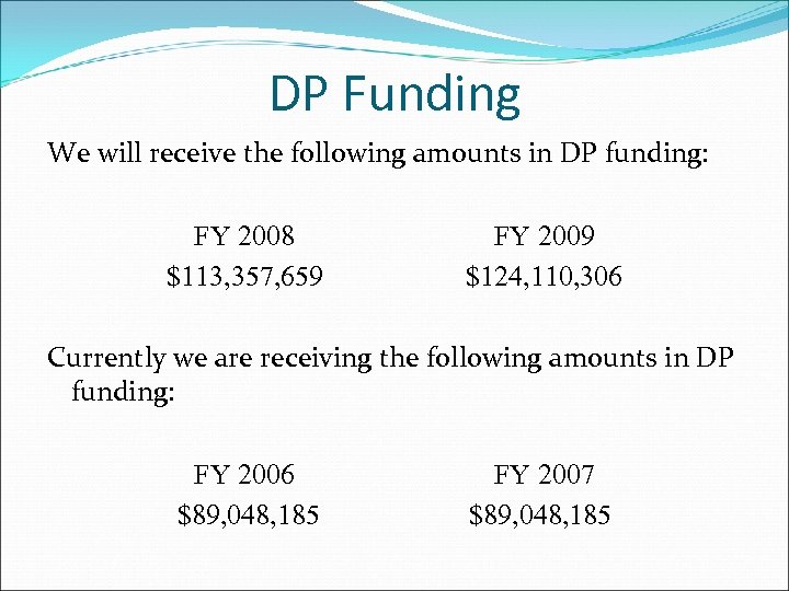 DP Funding We will receive the following amounts in DP funding: FY 2008 FY