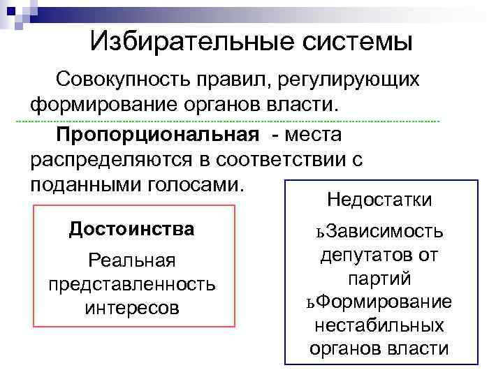 Избирательные системы Совокупность правил, регулирующих формирование органов власти. Пропорциональная - места распределяются в соответствии