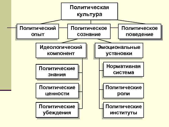 Политическая культура Политический опыт Политическое сознание Идеологический компонент Политическое поведение Эмоциональные установки Политические знания