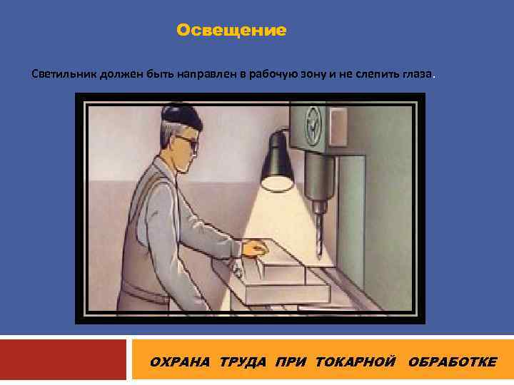 Освещение Светильник должен быть направлен в рабочую зону и не слепить глаза. ОХРАНА ТРУДА