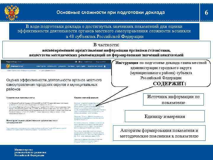 Основные сложности при подготовки доклада 6 В ходе подготовки доклада о достигнутых значениях показателей