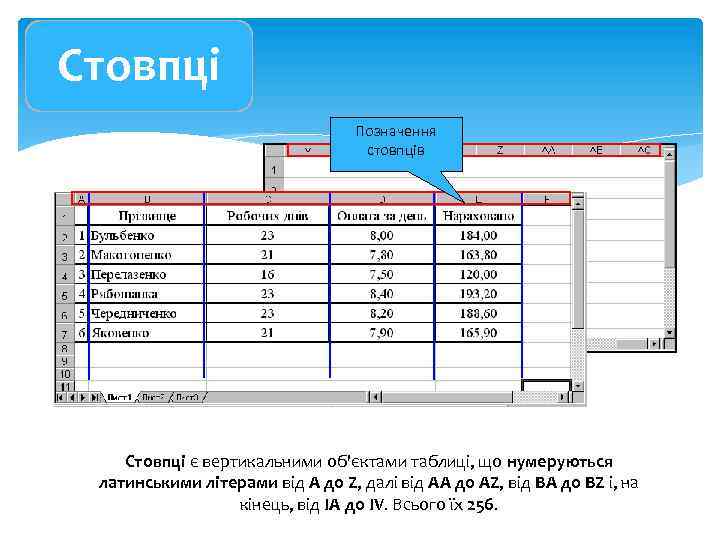 Стовпці Позначення стовпців Стовпці є вертикальними об'єктами таблиці, що нумеруються латинськими літерами від А