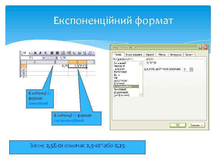 Експоненційний формат В клітинці В 1 формат звичайний В клітинці С 1 формат експоненційний