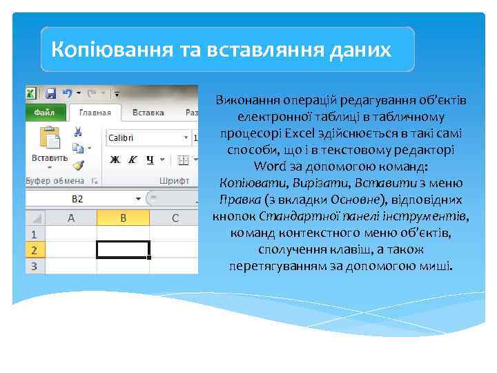 Копіювання та вставляння даних Виконання операцій редагування об’єктів електронної таблиці в табличному процесорі Excel