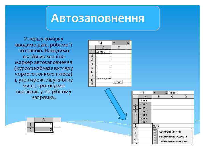 Автозаповнення У першу комірку вводимо дані, робимо її поточною. Наводимо вказівник миші на маркер