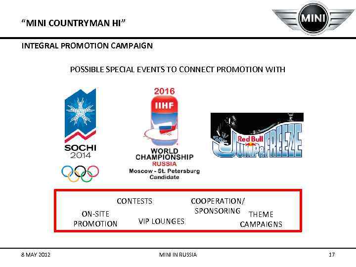 “MINI COUNTRYMAN HI” INTEGRAL PROMOTION CAMPAIGN POSSIBLE SPECIAL EVENTS TO CONNECT PROMOTION WITH COOPERATION/