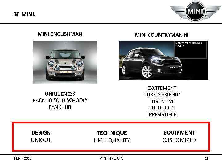 BE MINI ENGLISHMAN MINI COUNTRYMAN HI HYBRID EXCITEMENT “LIKE A FRIEND” INVENTIVE ENERGETIC IRRESISTIBLE