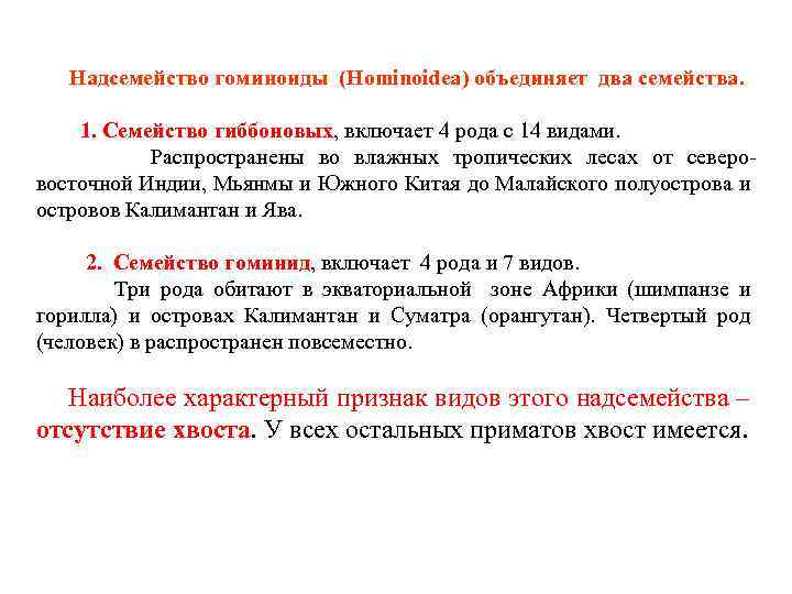  Надсемейство гоминоиды (Hominoidea) объединяет два семейства. 1. Семейство гиббоновых, включает 4 рода с
