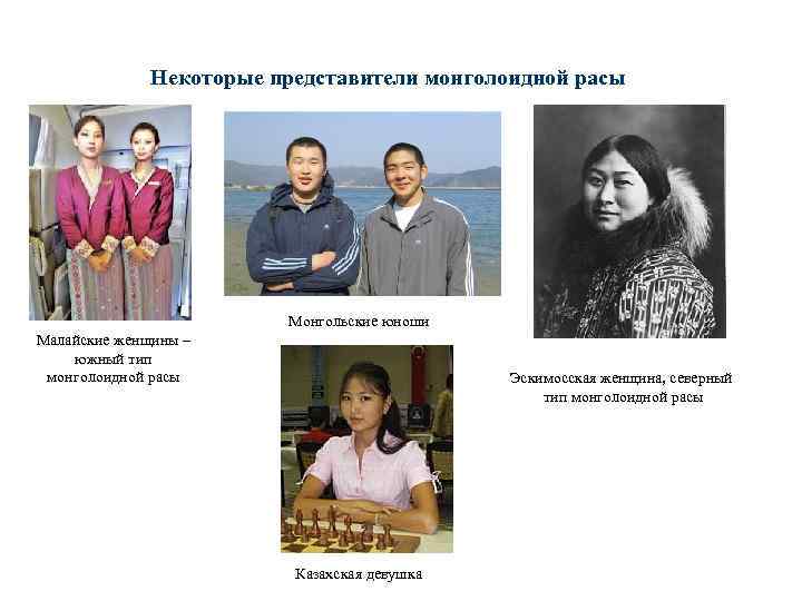 Некоторые представители монголоидной расы Монгольские юноши Малайские женщины – южный тип монголоидной расы Эскимосская