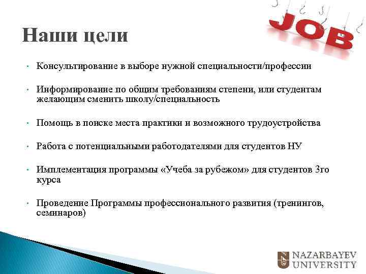 Наши цели • Консультирование в выборе нужной специальности/профессии • Информирование по общим требованиям степени,