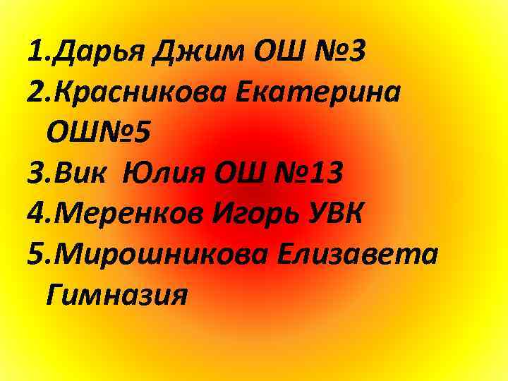 1. Дарья Джим ОШ № 3 2. Красникова Екатерина ОШ№ 5 3. Вик Юлия