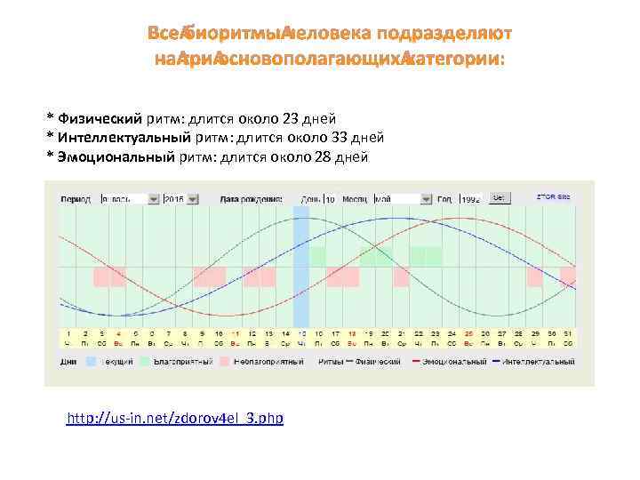 * Физический ритм: длится около 23 дней * Интеллектуальный ритм: длится около 33 дней
