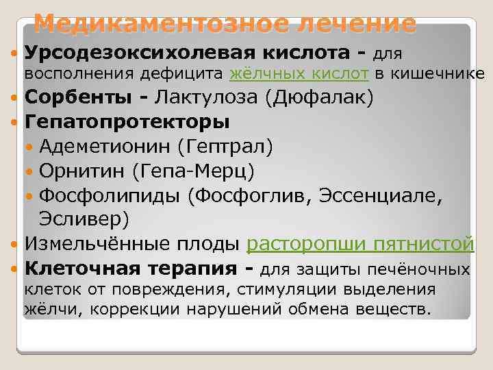 Медикаментозное лечение Урсодезоксихолевая кислота - для восполнения дефицита жёлчных кислот в кишечнике Сорбенты -