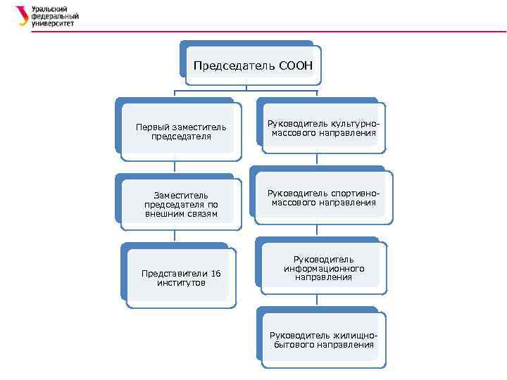 Председатель СООН Первый заместитель председателя Руководитель культурномассового направления Заместитель председателя по внешним связям Руководитель