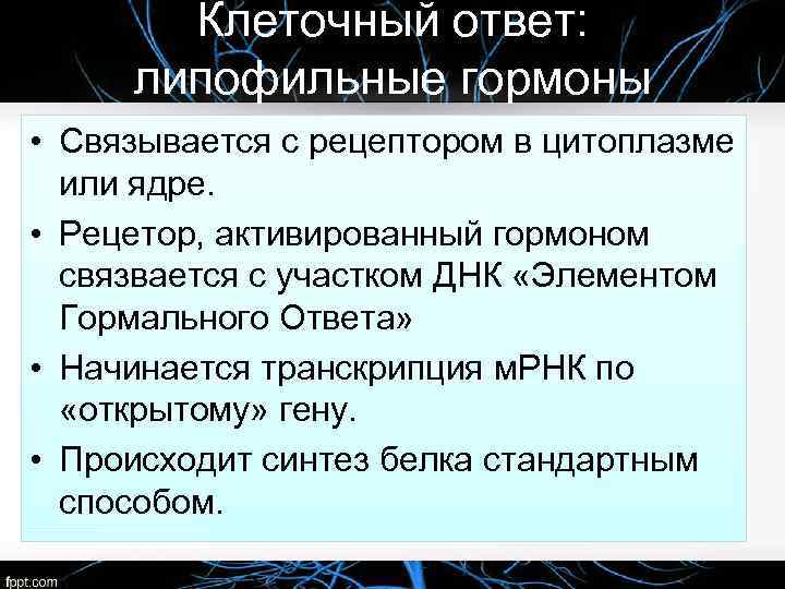 Клеточный ответ: липофильные гормоны • Связывается с рецептором в цитоплазме или ядре. • Рецетор,