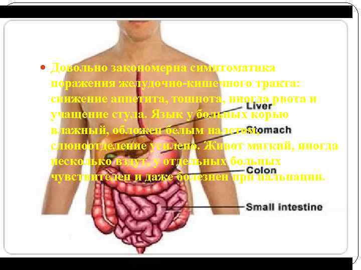  Довольно закономерна симптоматика поражения желудочно-кишечного тракта: снижение аппетита, тошнота, иногда рвота и учащение