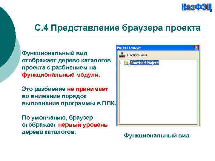 С. 4 Представление браузера проекта Функциональный вид отображает дерево каталогов проекта с разбиением на