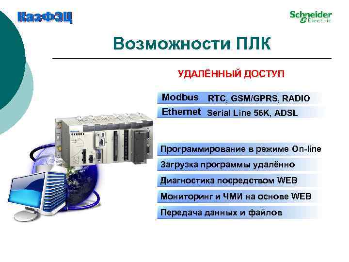 Возможности ПЛК УДАЛЁННЫЙ ДОСТУП Modbus RTC, GSM/GPRS, RADIO Ethernet Serial Line 56 K, ADSL