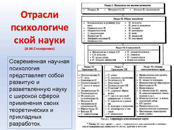 Отрасли психологиче ской науки (А. М. Столяренко) Современная научная психология представляет собой развитую и