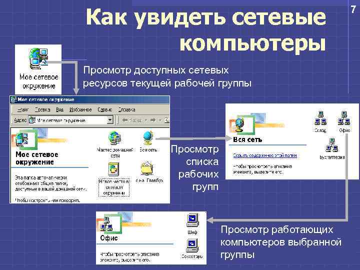 Как увидеть сетевые компьютеры Просмотр доступных сетевых ресурсов текущей рабочей группы Просмотр списка рабочих