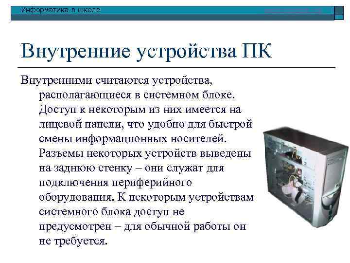 Информатика в школе www. klyaksa. net Внутренние устройства ПК Внутренними считаются устройства, располагающиеся в