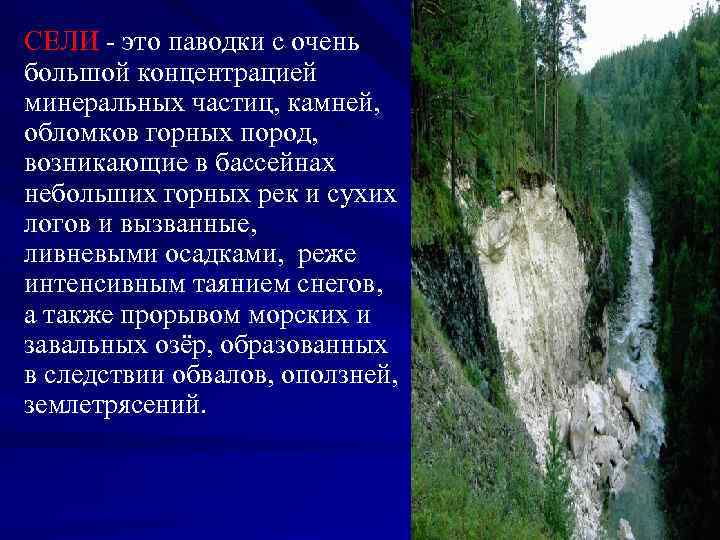 СЕЛИ - это паводки с очень большой концентрацией минеральных частиц, камней, обломков горных пород,