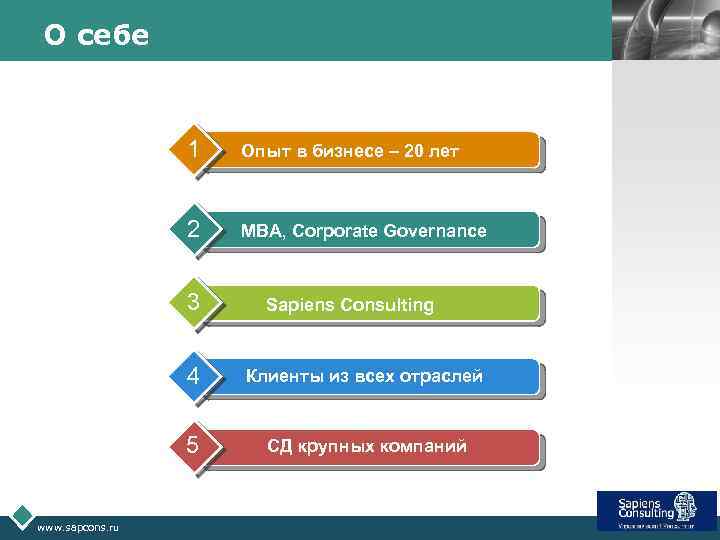 О себе LOGO 1 Опыт в бизнесе – 20 лет 2 MBA, Corporate Governance