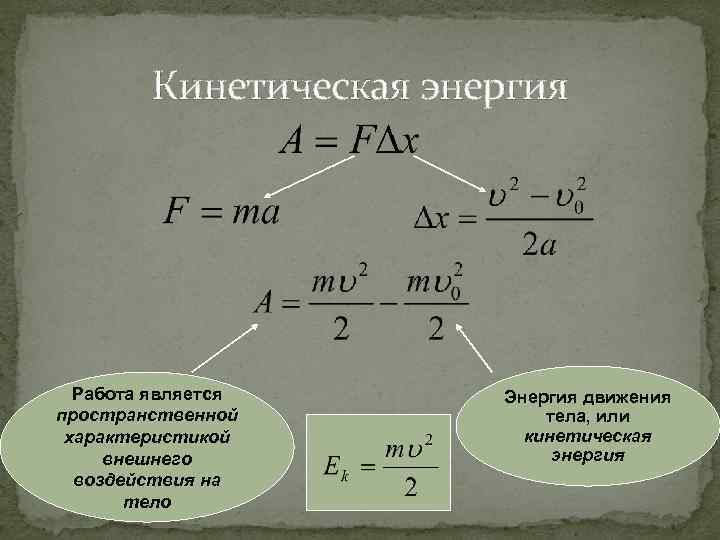 Кинетическая энергия Работа является пространственной характеристикой внешнего воздействия на тело Энергия движения тела, или