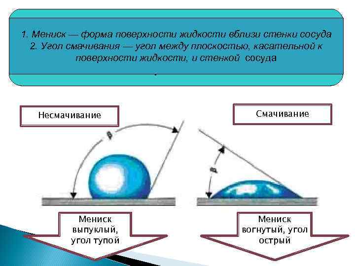 Смачивание - искривление поверхности жидкости у 1. Мениск — форма поверхности жидкости вблизи стенки