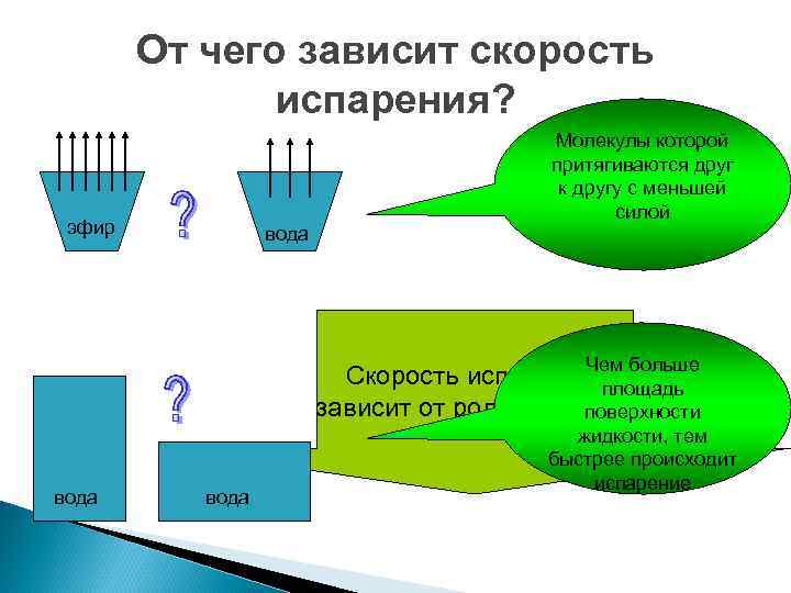 От чего зависит скорость испарения? Молекулы которой Какая жидкость притягиваются друг будет испаряться к