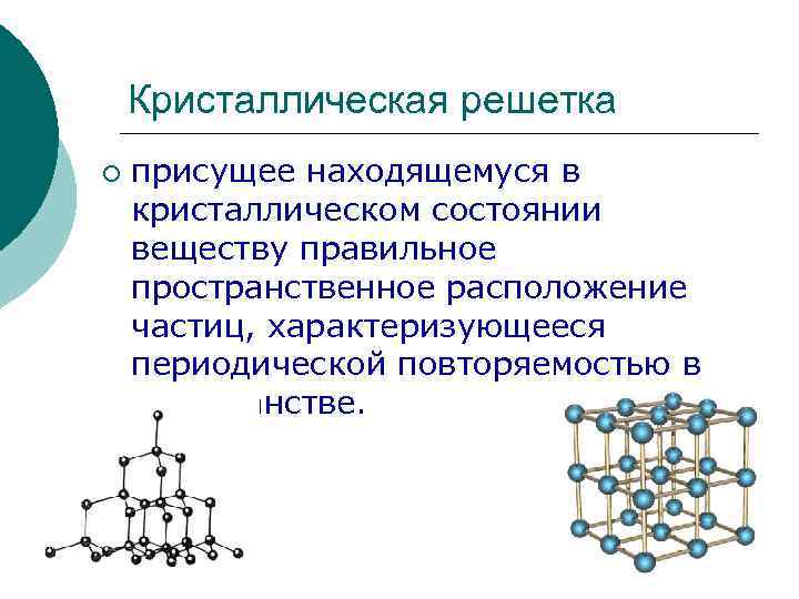 Кристаллическая решетка ¡ присущее находящемуся в кристаллическом состоянии веществу правильное пространственное расположение частиц, характеризующееся