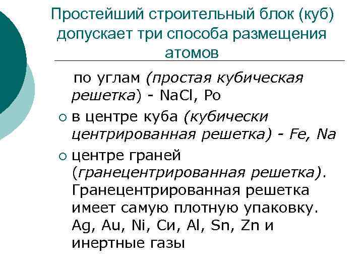 Простейший строительный блок (куб) допускает три способа размещения атомов по углам (простая кубическая решетка)