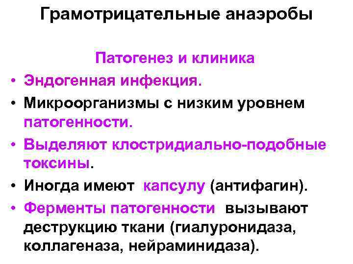 Грамотрицательные анаэробы • • • Патогенез и клиника Эндогенная инфекция. Микроорганизмы с низким уровнем