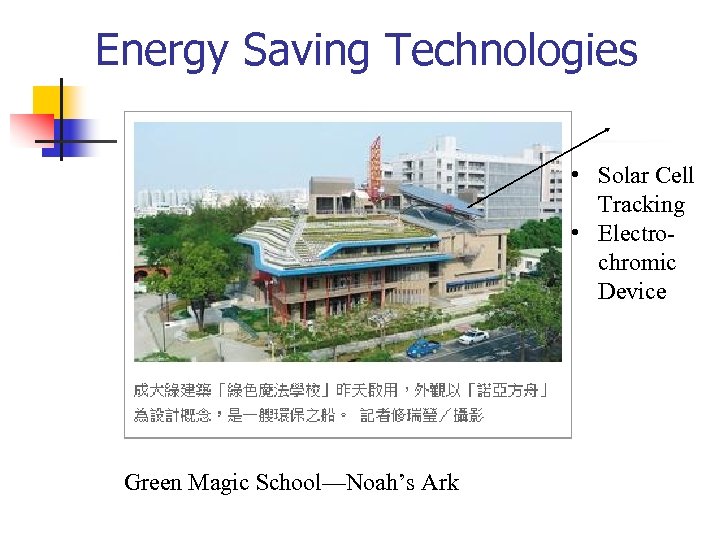  Energy Saving Technologies • Solar Cell Tracking • Electrochromic Device Green Magic School—Noah’s