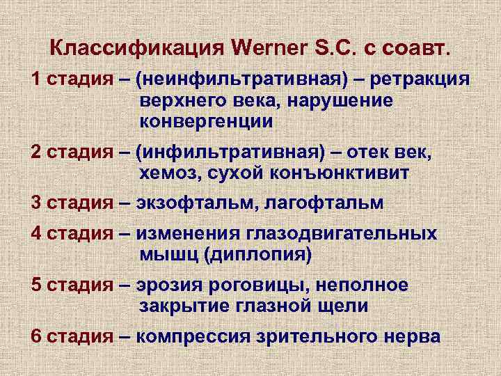 Классификация Werner S. C. с соавт. 1 стадия – (неинфильтративная) – ретракция верхнего века,