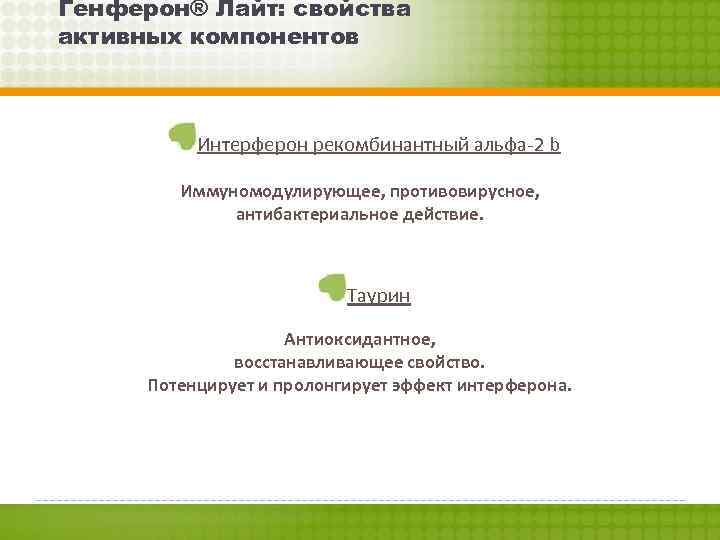 Генферон® Лайт: свойства активных компонентов Интерферон рекомбинантный альфа-2 b Иммуномодулирующее, противовирусное, антибактериальное действие. Таурин