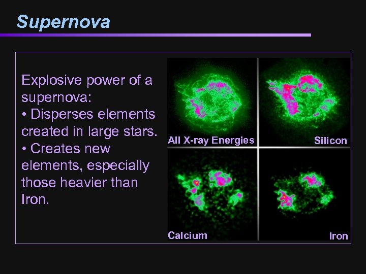 Supernova Explosive power of a supernova: • Disperses elements created in large stars. •