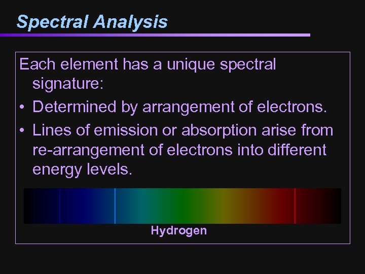 Spectral Analysis Each element has a unique spectral signature: • Determined by arrangement of