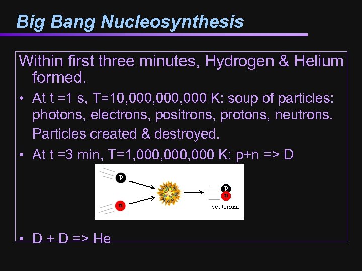 Big Bang Nucleosynthesis Within first three minutes, Hydrogen & Helium formed. • At t