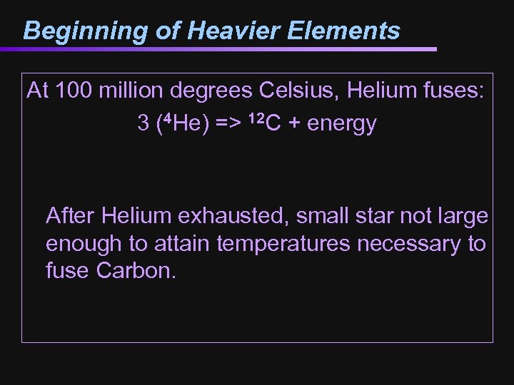 Beginning of Heavier Elements At 100 million degrees Celsius, Helium fuses: 3 (4 He)